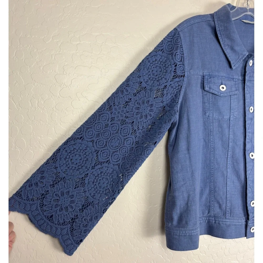Soft Surroundings Blue Linen Lace Sleeve Jacket Womens L 2325